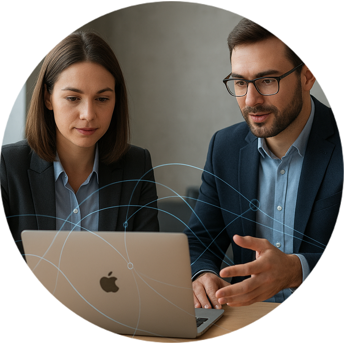 Zwei Fachleute besprechen VPN-Beratung und Fehlerbehebung an einem MacBook-Laptop.